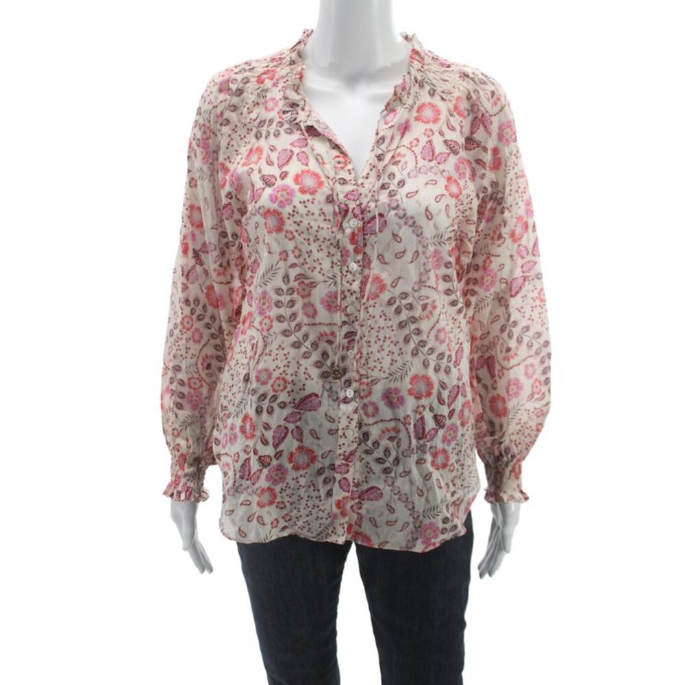 Olivaceous Women Tunic Blouse V-Neck Floral Long Sleeve Cotton Size S